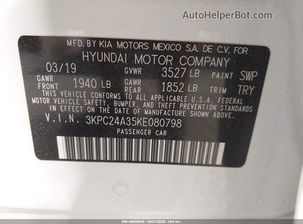3KPC24A35KE080798 2019 HYUNDAI ACCENT White Շարժիչի բաժամունքի տեսք