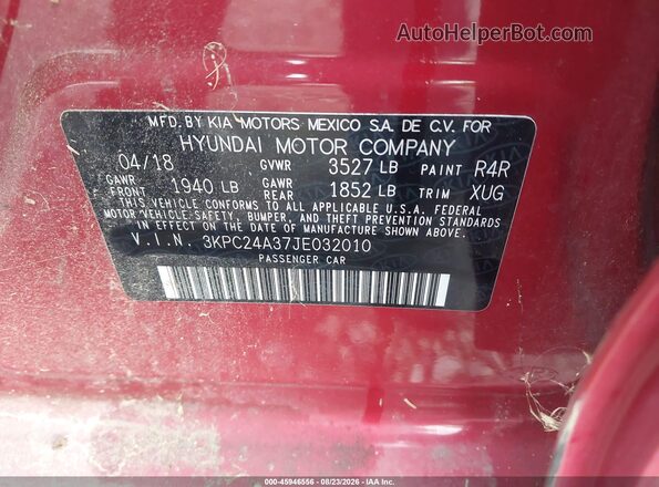 3KPC24A37JE032010 2018 HYUNDAI ACCENT Red Widok komory silnika