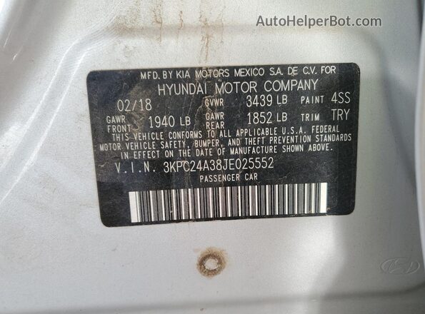3KPC24A38JE025552 2018 HYUNDAI ACCENT Серебряный Вид наклейки с VIN-кодом