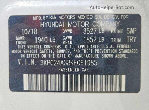 3KPC24A38KE061985 2019 HYUNDAI ACCENT White Widok komory silnika