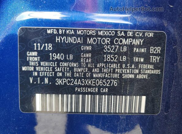 3KPC24A3XKE065276 2019 HYUNDAI ACCENT Blue Շարժիչի բաժամունքի տեսք