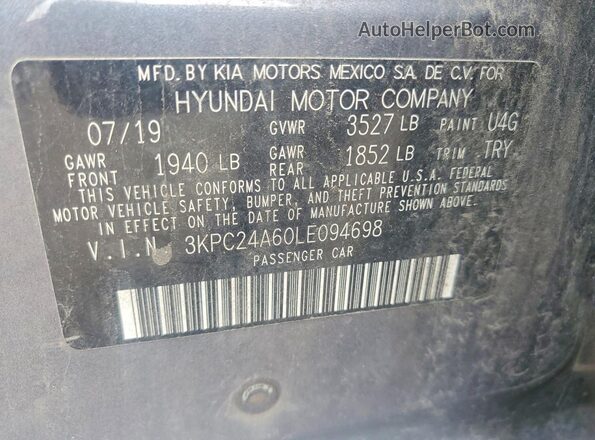 3KPC24A60LE094698 2020 HYUNDAI ACCENT Charcoal Vista del compartimento del motor
