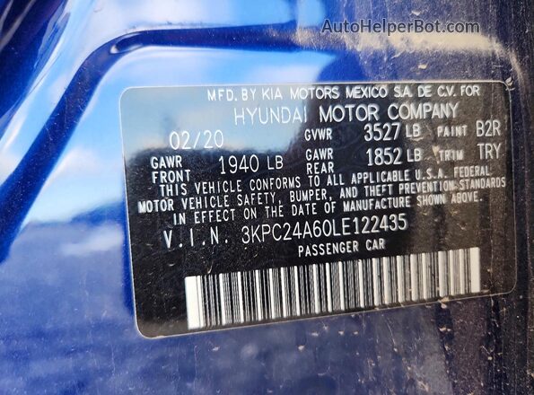 3KPC24A60LE122435 2020 HYUNDAI ACCENT Blue ძრავის განყოფილების ხედი