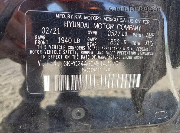 3KPC24A60ME142170 2021 HYUNDAI ACCENT Black Vista del compartimento del motor