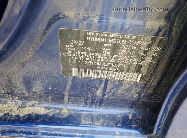 3KPC24A60NE187708 2022 HYUNDAI ACCENT Blue Vista del compartimento del motor