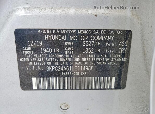 3KPC24A61LE114988 2020 HYUNDAI ACCENT Silver VIN კოდის სტიკერის ხედი