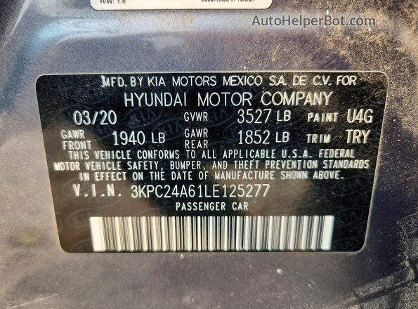 3KPC24A61LE125277 2020 HYUNDAI ACCENT Gray ძრავის განყოფილების ხედი