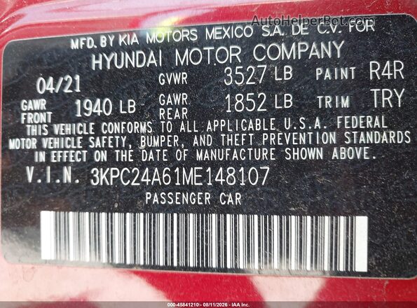 3KPC24A61ME148107 2021 HYUNDAI ACCENT Burgundy Вид підкапотного простору