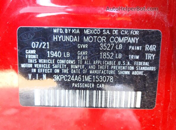 3KPC24A61ME153078 2021 HYUNDAI ACCENT Burgundy Вид підкапотного простору
