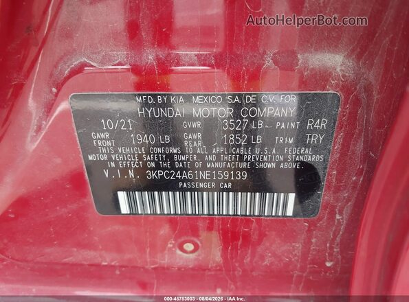 3KPC24A61NE159139 2022 HYUNDAI ACCENT Red Vista del compartimento del motor