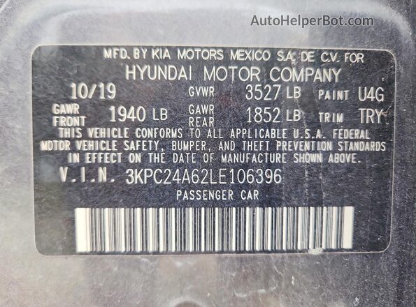 3KPC24A62LE106396 2020 HYUNDAI ACCENT Gray Widok komory silnika