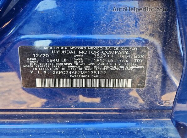 3KPC24A62ME138122 2021 HYUNDAI ACCENT Blue VIN sticker view