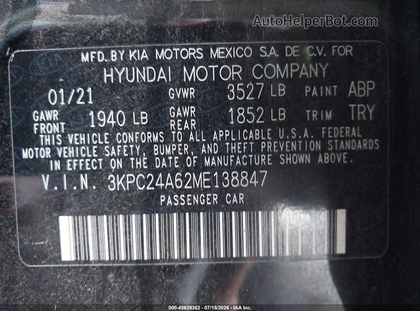 3KPC24A62ME138847 2021 HYUNDAI ACCENT Black Widok komory silnika