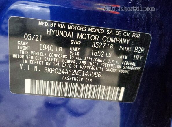 3KPC24A62ME149086 2021 HYUNDAI ACCENT Blue VIN კოდის სტიკერის ხედი