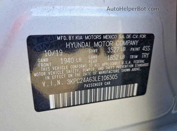 3KPC24A63LE106505 2020 HYUNDAI ACCENT Silver Շարժիչի բաժամունքի տեսք