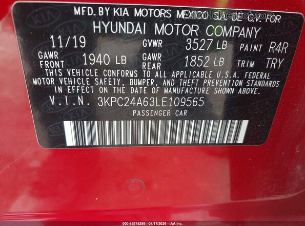 3KPC24A63LE109565 2020 HYUNDAI ACCENT Красный Вид подкапотного пространства