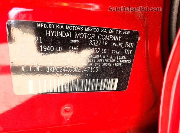 3KPC24A63ME147105 2021 HYUNDAI ACCENT Maroon Engine compartment view