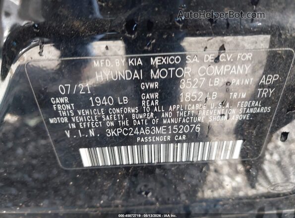 3KPC24A63ME152076 2021 HYUNDAI ACCENT Black Vista del compartimento del motor
