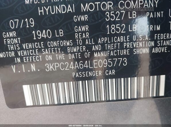 3KPC24A64LE095773 2020 HYUNDAI ACCENT Light Blue Вид підкапотного простору