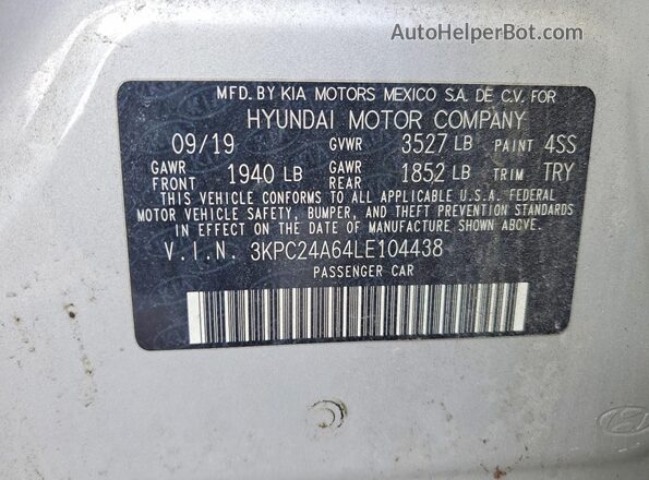 3KPC24A64LE104438 2020 HYUNDAI ACCENT Silver Вид підкапотного простору
