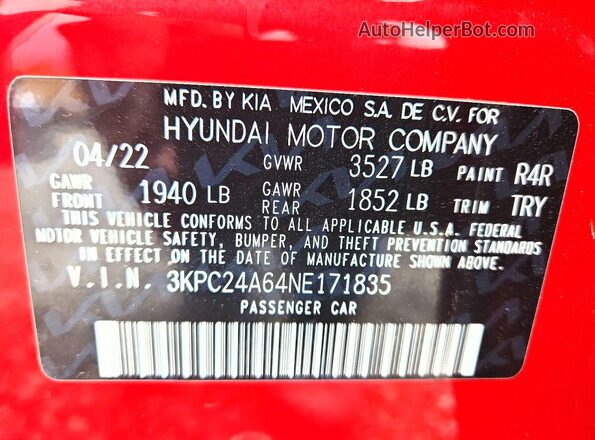 3KPC24A64NE171835 2022 HYUNDAI ACCENT Burgundy Widok naklejki z numerem VIN