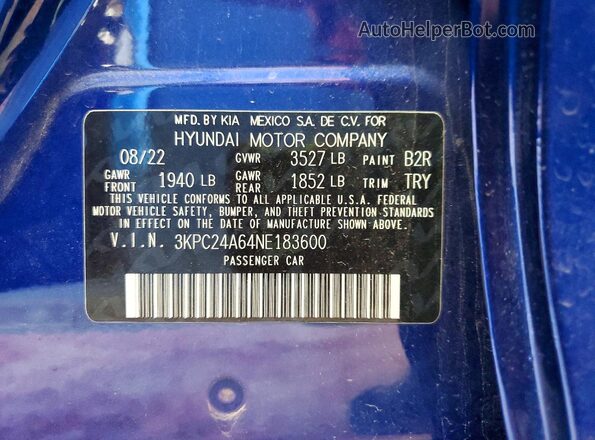 3KPC24A64NE183600 2022 HYUNDAI ACCENT Blue Vista del compartimento del motor