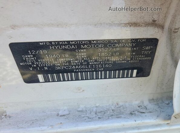 3KPC24A66LE116140 2020 HYUNDAI ACCENT White Вид підкапотного простору
