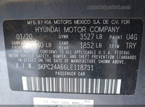 3KPC24A66LE118731 2020 HYUNDAI ACCENT Gray Вид підкапотного простору