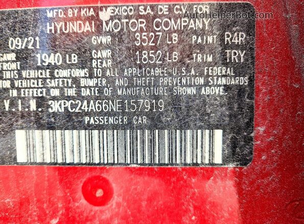 3KPC24A66NE157919 2022 HYUNDAI ACCENT Red Engine compartment view