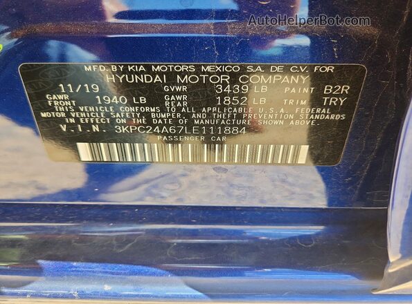 3KPC24A67LE111884 2020 HYUNDAI ACCENT Blue Widok komory silnika