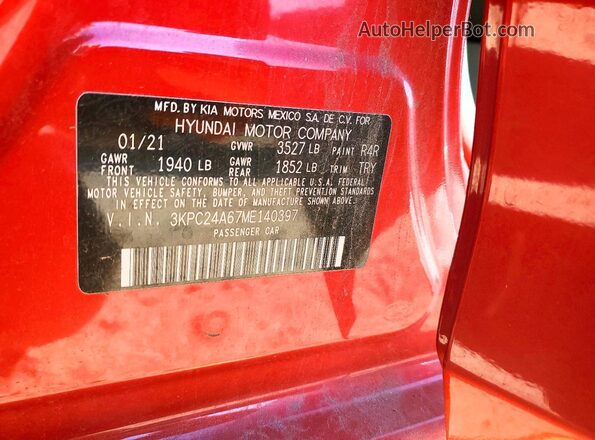 3KPC24A67ME140397 2021 HYUNDAI ACCENT Red ძრავის განყოფილების ხედი