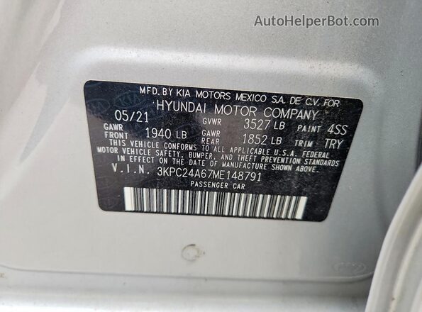3KPC24A67ME148791 2021 HYUNDAI ACCENT Silver Widok komory silnika