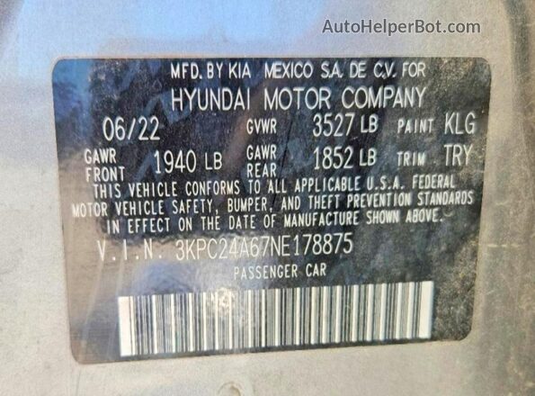 3KPC24A67NE178875 2022 HYUNDAI ACCENT Gray Շարժիչի բաժամունքի տեսք