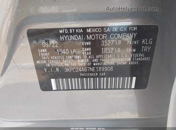 3KPC24A67NE189908 2022 HYUNDAI ACCENT Gray Vista del compartimento del motor