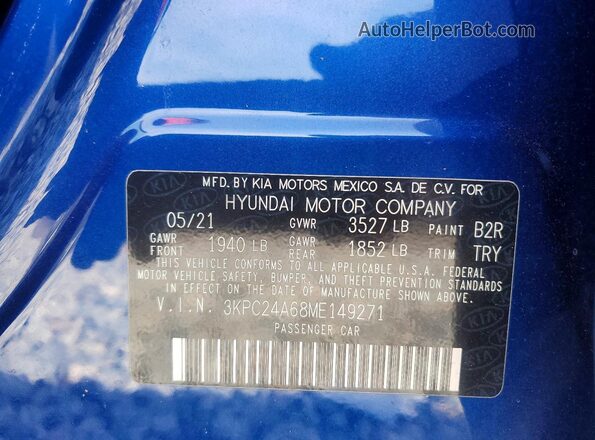 3KPC24A68ME149271 2021 HYUNDAI ACCENT Blue Vista de la etiqueta del VIN