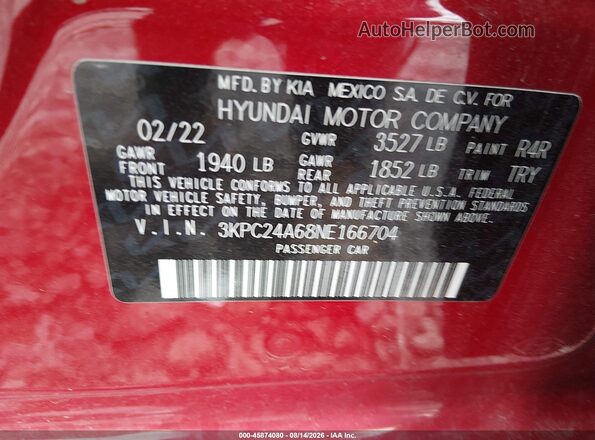 3KPC24A68NE166704 2022 HYUNDAI ACCENT Red Widok komory silnika