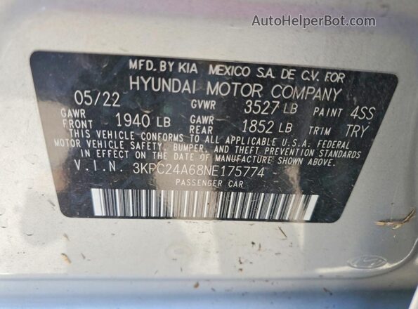 3KPC24A68NE175774 2022 HYUNDAI ACCENT Silver Շարժիչի բաժամունքի տեսք