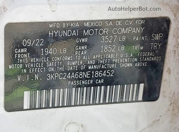 3KPC24A68NE186452 2022 HYUNDAI ACCENT Белый Вид подкапотного пространства