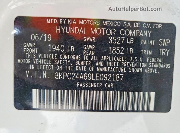 3KPC24A69LE092187 2020 HYUNDAI ACCENT White ძრავის განყოფილების ხედი
