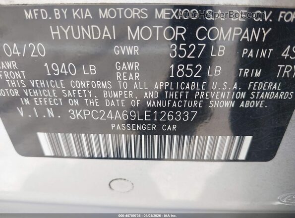3KPC24A69LE126337 2020 HYUNDAI ACCENT Silver Շարժիչի բաժամունքի տեսք