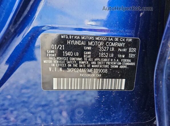 3KPC24A69ME139008 2021 HYUNDAI ACCENT Blue Vista del compartimento del motor
