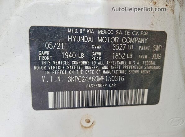 3KPC24A69ME150316 2021 HYUNDAI ACCENT White VIN კოდის სტიკერის ხედი