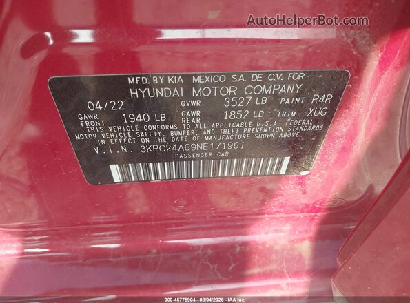 3KPC24A69NE171961 2022 HYUNDAI ACCENT Красный Вид подкапотного пространства