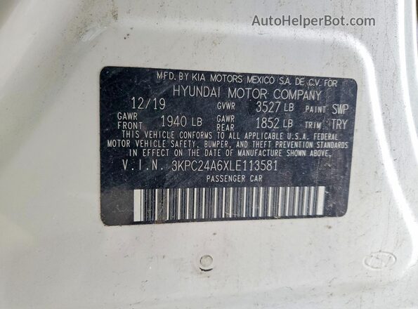 3KPC24A6XLE113581 2020 HYUNDAI ACCENT White Вид підкапотного простору