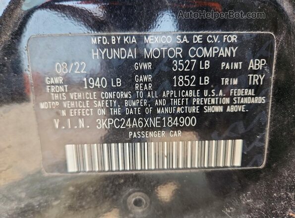 3KPC24A6XNE184900 2022 HYUNDAI ACCENT Black Vista de la etiqueta del VIN