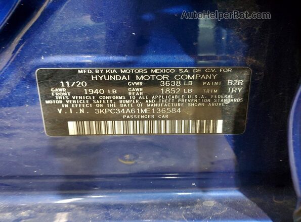 3KPC34A61ME136584 2021 HYUNDAI ACCENT Blue VIN sticker view