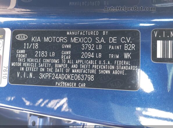 3KPF24AD0KE063798 2019 KIA FORTE Синий Вид подкапотного пространства