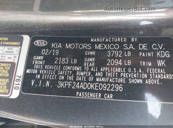 3KPF24AD0KE092296 2019 KIA FORTE Gray ძრავის განყოფილების ხედი