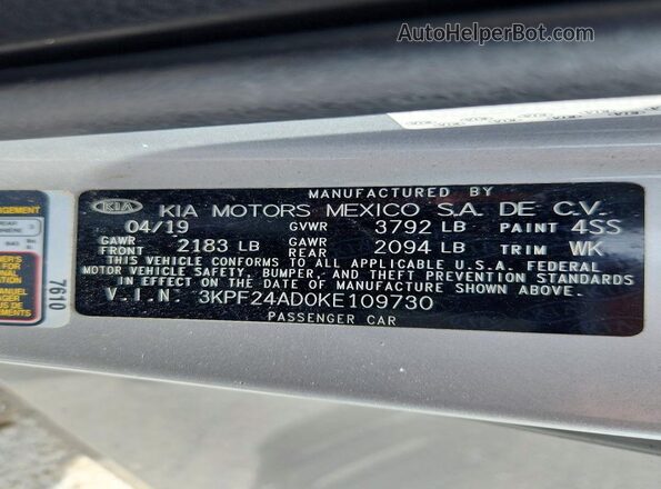 3KPF24AD0KE109730 2019 KIA FORTE Серебряный Вид наклейки с VIN-кодом