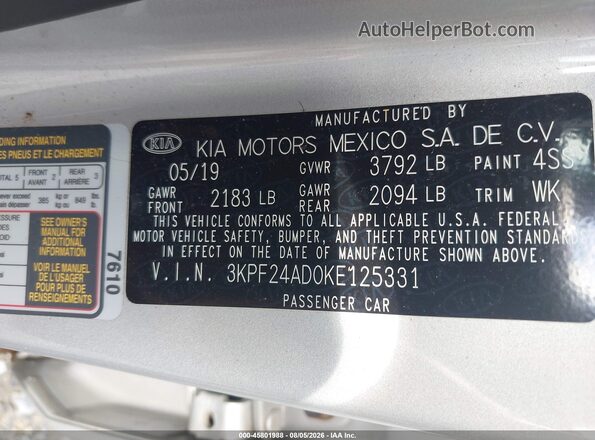 3KPF24AD0KE125331 2019 KIA FORTE Silver Vista del compartimento del motor